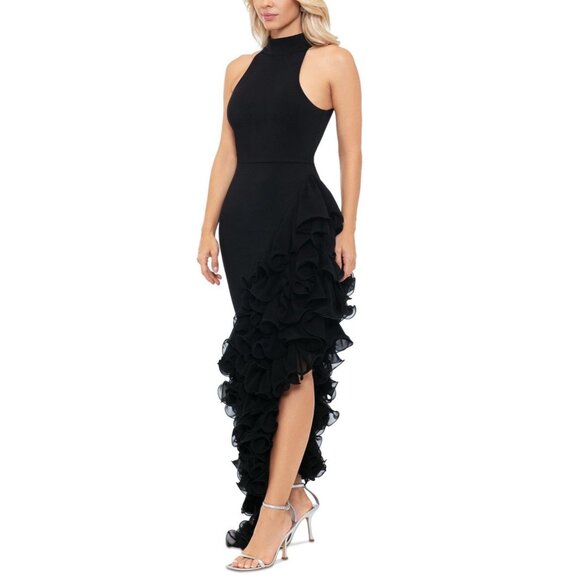 Betsy & Adam Size 4 Black Ruffle Asymmetric Halter Formal Prom Dress Gown $340 - Picture 4 of 12